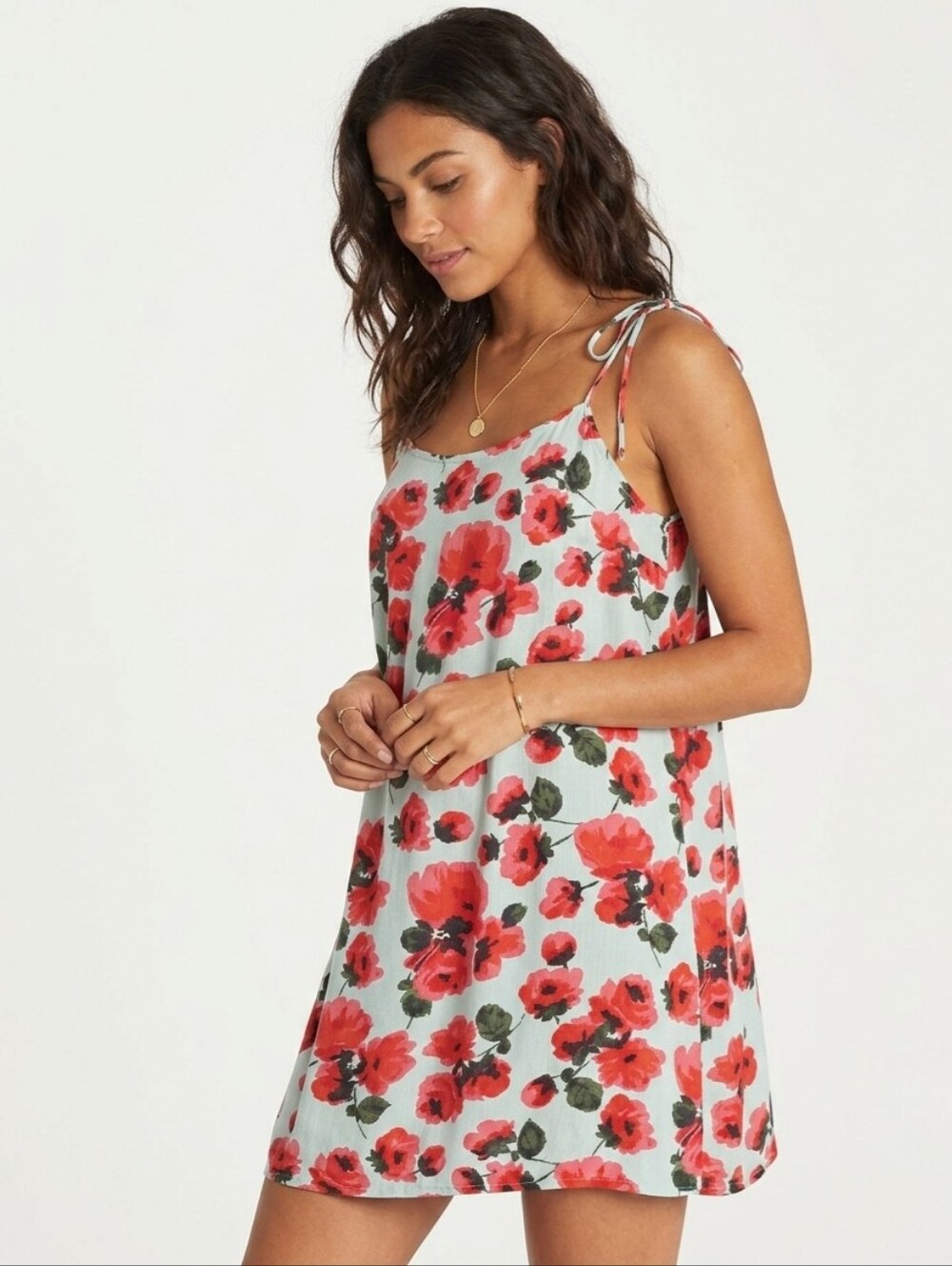 🛍 5/$25🛍Billabong Mint Green Red Poppy Floral Sundress Medium Boho Festival
